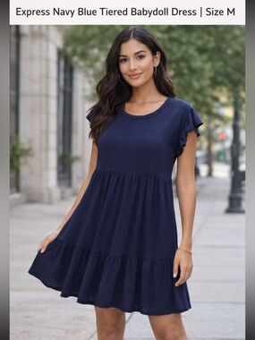 Express Navy Ruffle Sleeve Tiered Mini Dress